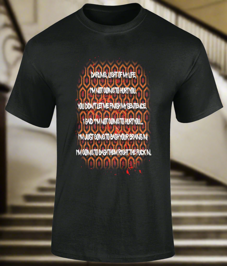 The legendary stair scene from The Shining film. Black "LIGHT OF MY LIFE" t shirt in sizes from small to 5XL. Made with 100% cotton.
Features a seamless twin needle collar, taped neck and shoulders, and a tubular body. Double stitched sleeves and hem add durability. Weight: 180gsm.

&nbsp;