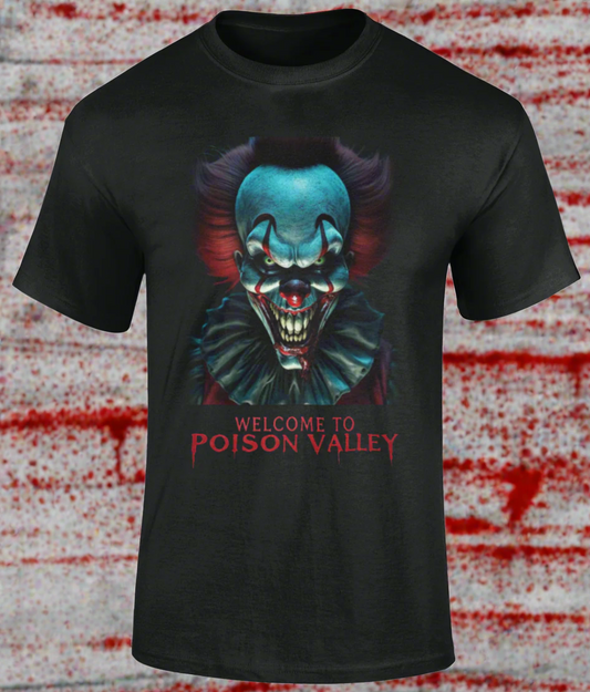 Fabric: 100% cotton. Double stitched ribbed collar. Reinforced neck and shoulders. Tube-shaped body. Double stitched sleeves and hem. Weight: 180gsm. Available in sizes Small through 5XL. The mischievous clown cackles as crimson liquid seeps from his twisted smile.