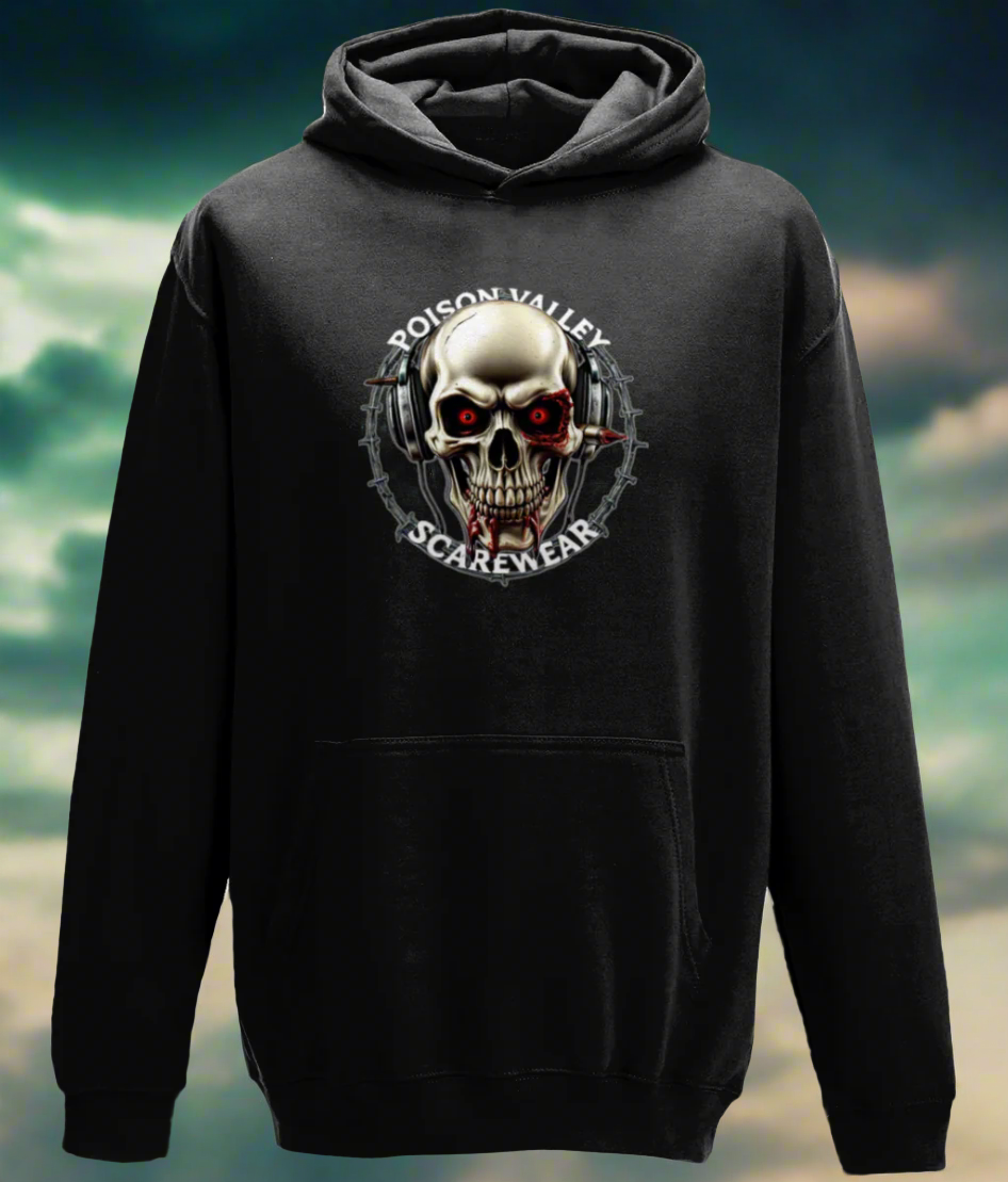 Indulge in the luxurious and exclusive POISON VALLEY SCAREWEAR hoodie. Our logo mascot JED features on the front with the awesome MASK AND CROSS BLADES design as a huge back print.