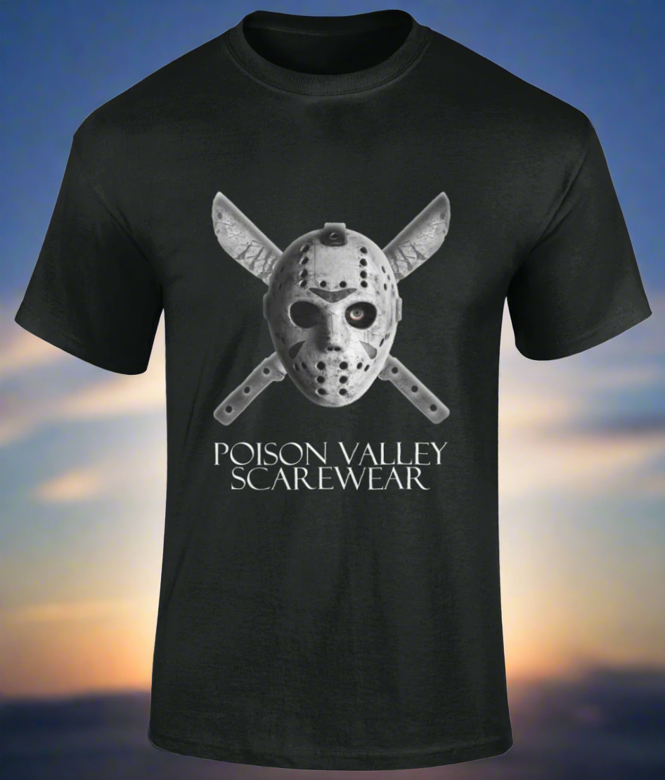 Our exclusive MASK AND CROSS BLADES is inspired by the iconic Friday 13th films. Crafted from 100% cotton, this T-shirt features a seamless twin needle collar, taped neck and shoulders, and a tubular body for ultimate comfort. The twin needle sleeves and hem add sophistication and the weight of 180gsm adds a touch of luxury. Available in sizes small to 5XL, this T-shirt is the perfect addition to any fashion-forward wardrobe.