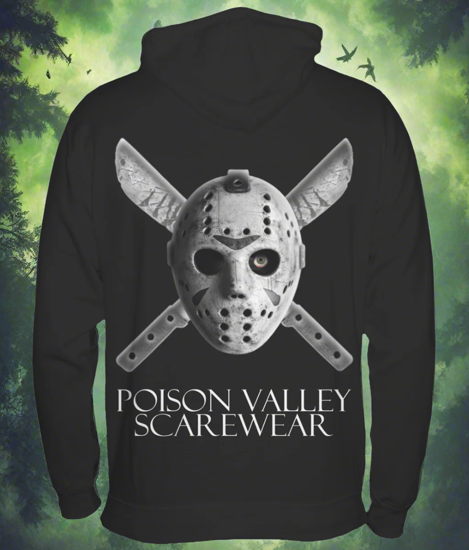 Indulge in the luxurious and exclusive POISON VALLEY SCAREWEAR hoodie. Our logo mascot JED features on the front with the awesome MASK AND CROSS BLADES design as a huge back print.