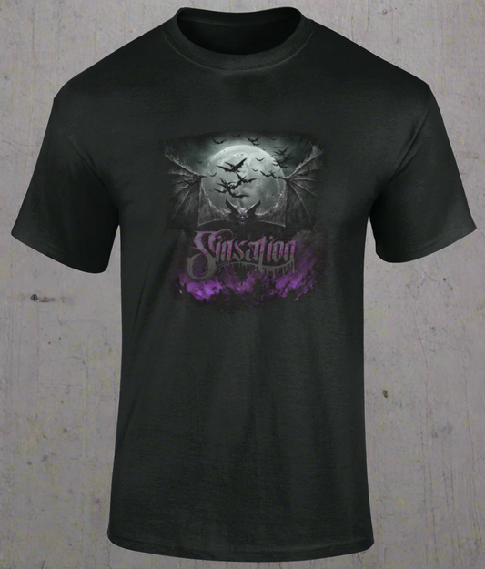 Crafted from 100% luxurious cotton, our SINSATION BAT T SHIRT boasts a seamless twin needle collar, a taped neck and shoulders, and a tubular body for the ultimate in comfort and quality. Available in sizes small to 5XL, this elegant t shirt features The Sinsation logo and a stunning bat illustration that is sure to evoke a sense of sophistication and exclusivity. At 180gsm, this premium t shirt is both lightweight and durable, ensuring you can effortlessly rock your bold and daring style, whether it be for