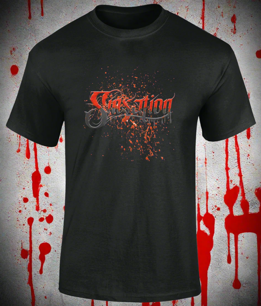 The luxurious and exclusive SINSATION T shirt boasts the iconic SINSATION logo and a striking blood splatter design on a sleek black cotton material.