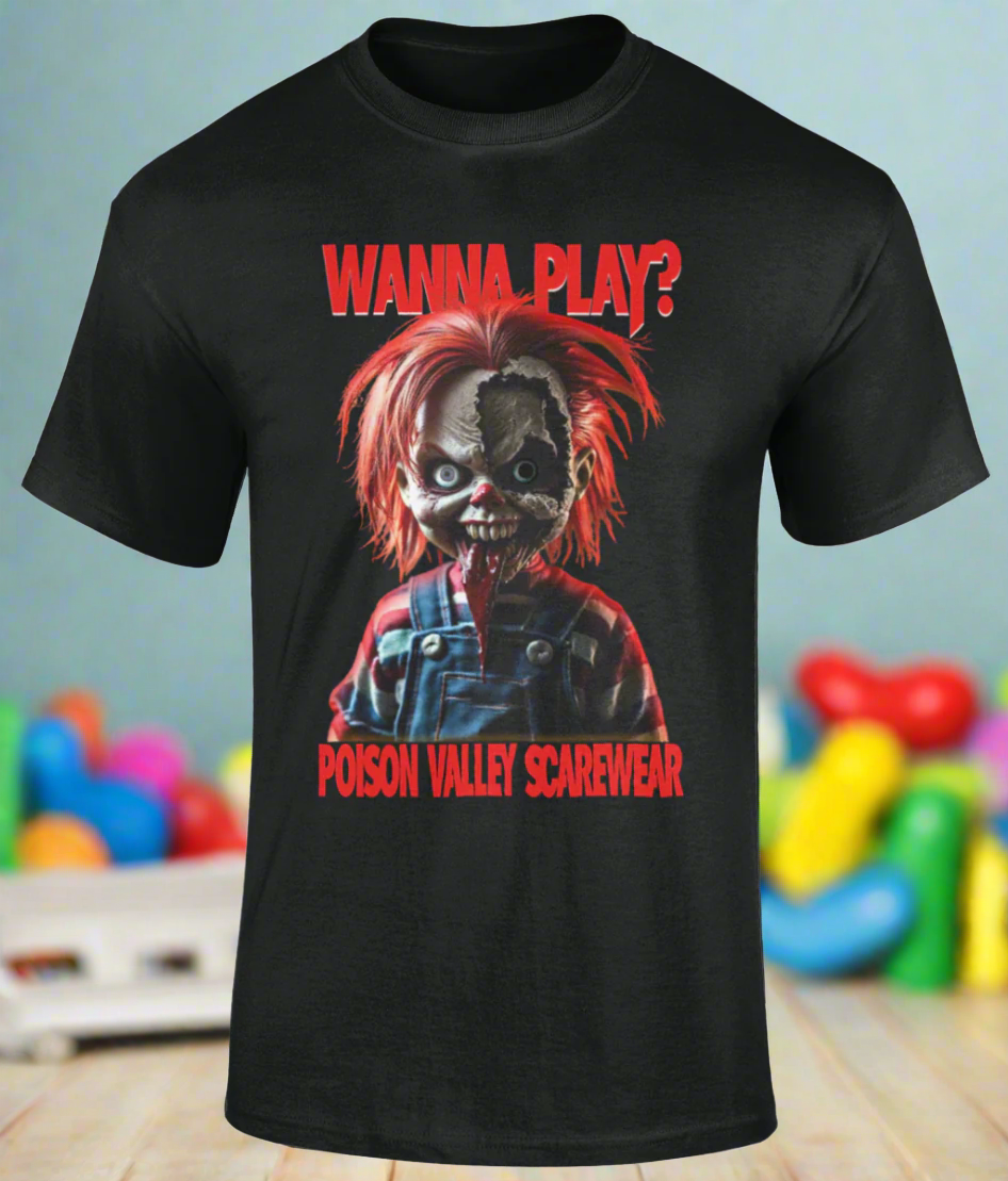 Take a risk and embrace the darkness with this bold and daring "WANNA PLAY?" T SHIRT. Made of 100% cotton, featuring a seamless twin needle collar and taped neck and shoulders