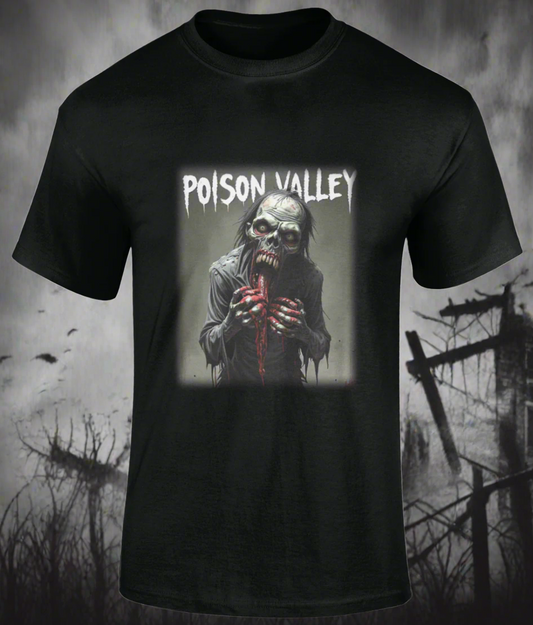 Introducing "ZOMBIE GORE" - the ultimate horror t-shirt from POISON VALLEY SCAREWEAR! This bold and eerie design showcases a horrifying zombie scene on a black 100% cotton shirt. Available in sizes small to 5XL, it's perfect for any horror enthusiast. Make sure to add this frightfully fantastic shirt to your collection!